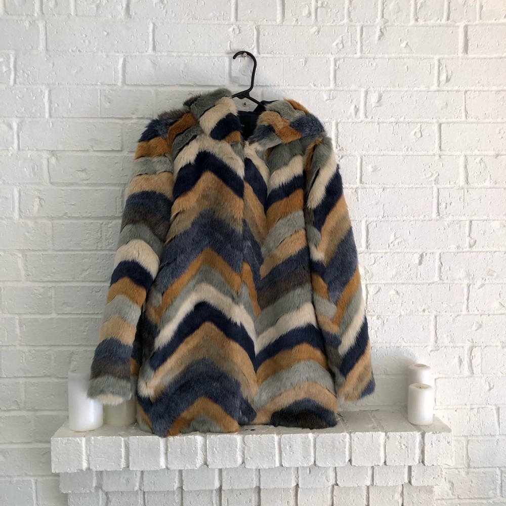 Chevron Faux Fur Coat